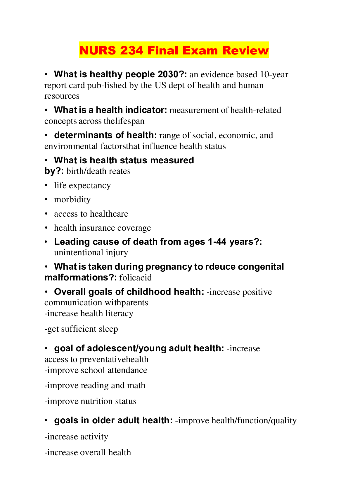 Preview image of NURS 234 Final Exam Review document